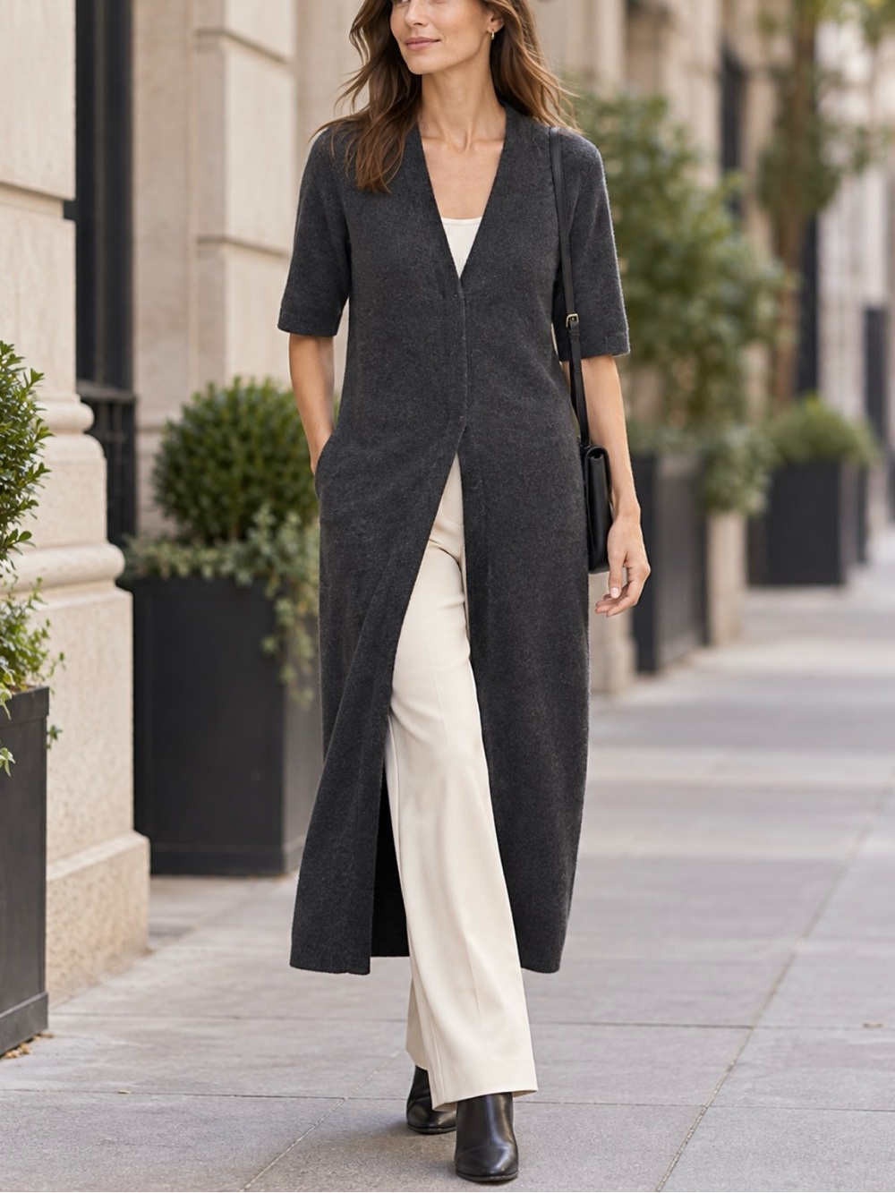 Anne Klein Cashmere 100% Maxi Long Cardigan Hidden Button Front Charcoal Gray